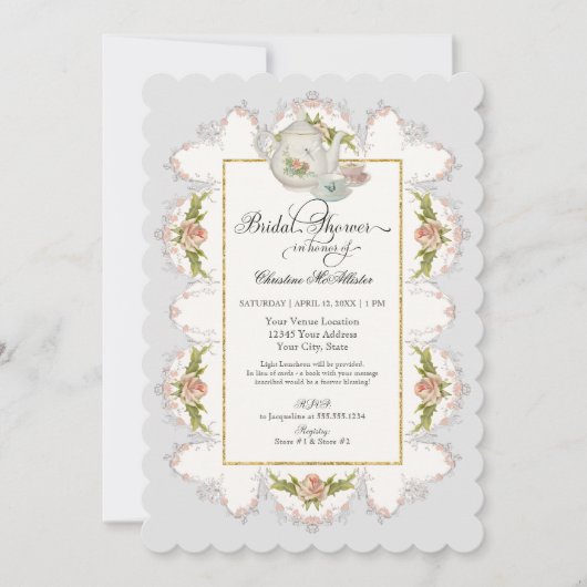 ブライダルシャワーのバラのお茶会のティーポットnのティーカップ 招待状 (正面)