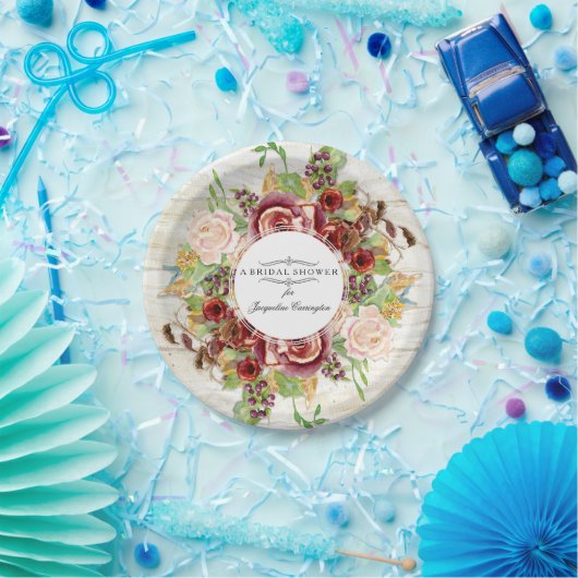 ブライダルシャワーのバーガンディのばら色の花の水彩画木 ペーパープレート (パーティー)