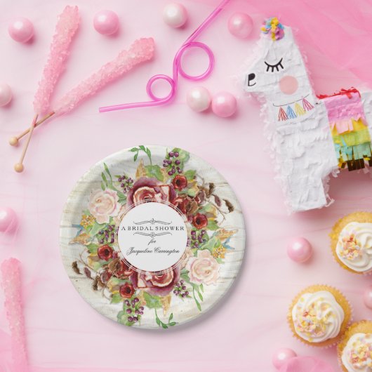 ブライダルシャワーのバーガンディのばら色の花の水彩画木 ペーパープレート (パーティー)