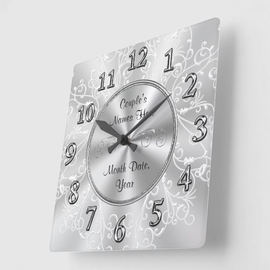ブライダルシャワーのパーソナライズされた贈り物、シルバーグレー スクエア壁時計 (傾斜)
