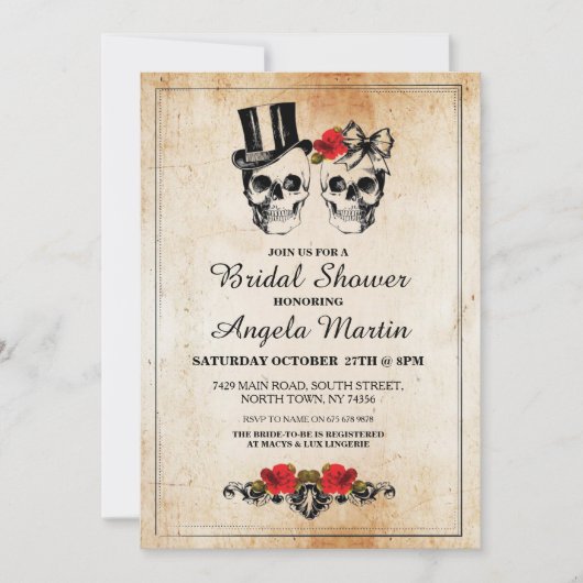 ブライダルシャワーのパーティーのばら色のスカルのハロウィンの招待 招待状 (正面)
