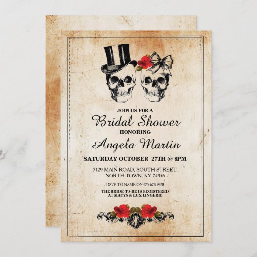 ブライダルシャワーのパーティーのばら色のスカルのハロウィンの招待 招待状 (正面/裏面)