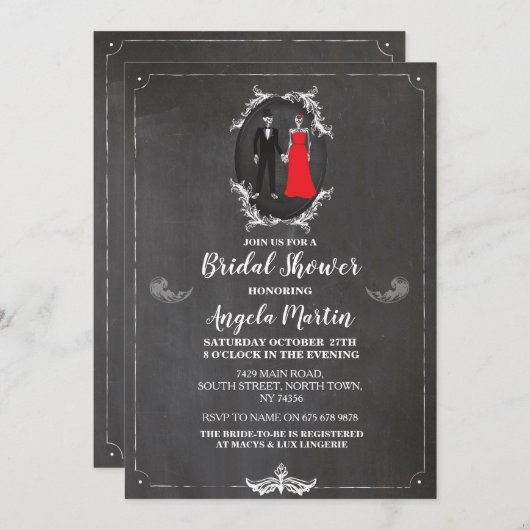 ブライダルシャワーのパーティーのばら色のスカルの骨組ハロウィン 招待状 (正面/裏面)