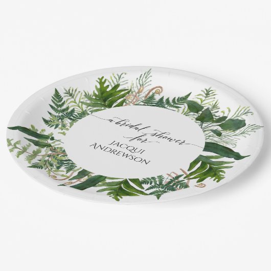 ブライダルシャワーのパーティーのシダ|のエメラルドの森林群葉 ペーパープレート (アングル)