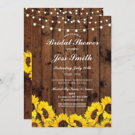 ブライダルシャワーのパーティーの素朴なヒマワリの木製の招待 招待状 (正面/裏面)