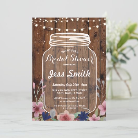 ブライダルシャワーのパーティーの素朴な瓶の木製の花の招待 招待状 (スタンド正面)