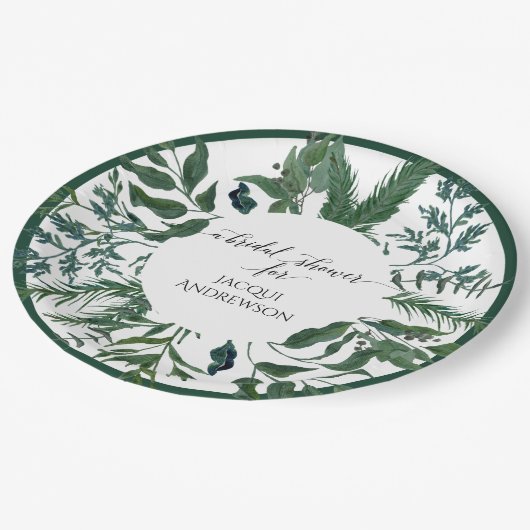 ブライダルシャワーのパーティーの装飾|のエメラルドの森林群葉 ペーパープレート (アングル)