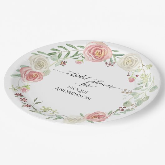 ブライダルシャワーのパーティーの装飾|の赤面のアイボリーのバラの葉 ペーパープレート (アングル)