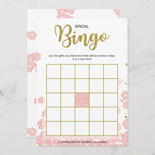ブライダルシャワーのビンゴ|のピンクおよび金ゴールドのグリッターの花柄 招待状 (正面/裏面)