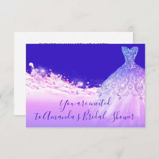 ブライダルシャワーのピンクの紫色のグリッターのロイヤルブルー 招待状 (正面/裏面)