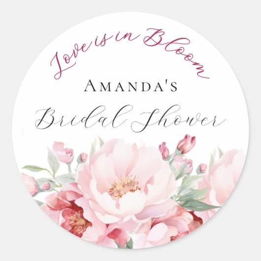 ブライダルシャワーのピンクの花束 愛が咲き誇る ラウンドシール (正面)