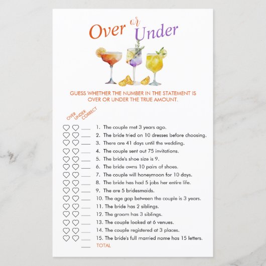 ブライダルシャワーのフルーティーな飲み物の上または下のゲーム (正面)