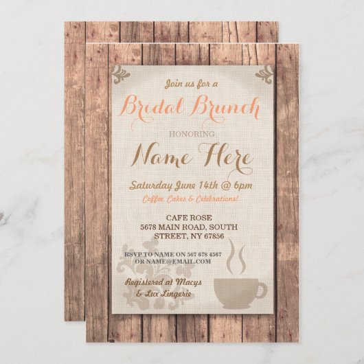ブライダルシャワーのブランチの友人のコーヒー素朴な招待 招待状 (正面/裏面)