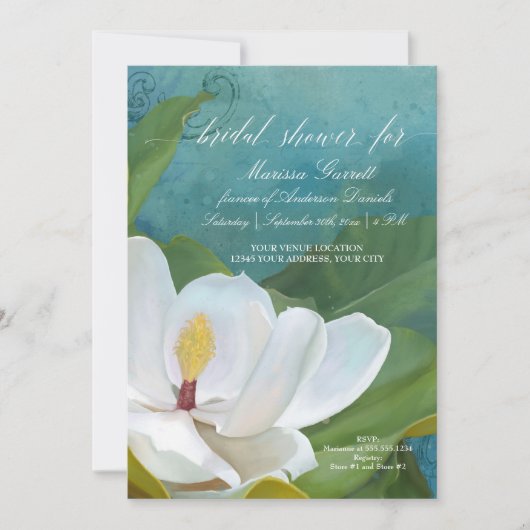 ブライダルシャワーのモダンでエレガントなマグノリアの花柄の芸術 招待状 (正面)