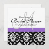 ブライダルシャワーのモノグラムのダマスク織の招待状の紫色 招待状 (正面/裏面)