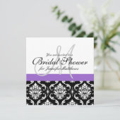 ブライダルシャワーのモノグラムのダマスク織の招待状の紫色 招待状 (スタンド正面)