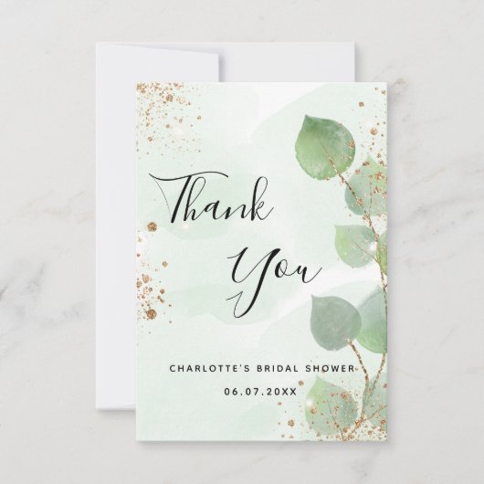 ブライダルシャワーのユーカリグリーンとゴールドグリッター サンキューカード (正面)