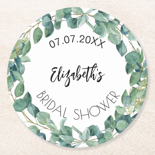 ブライダルシャワーのユーカリグリーンリース ラウンドペーパーコースター (正面)
