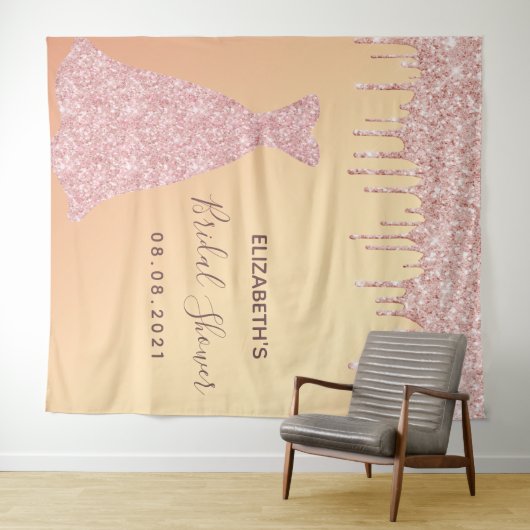ブライダルシャワーのローズゴールドのグリッターが流れる豪華なデザイン タペストリー (インサイチュ(横))