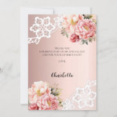 ブライダルシャワーのローズゴールドの花柄レースの感謝カード 招待状 (裏面)
