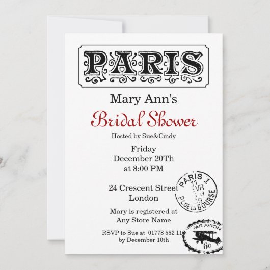 ブライダルシャワーのヴィンテージのパリのエレガントな郵便はがき 招待状 (裏面)