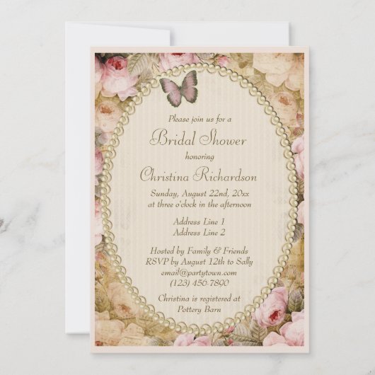 ブライダルシャワーのヴィンテージの真珠のレースのバラの蝶 招待状 (裏面)