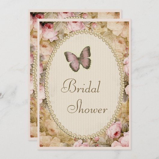 ブライダルシャワーのヴィンテージの真珠のレースのバラの蝶 招待状 (正面/裏面)
