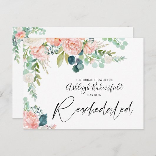 ブライダルシャワーの再計画されたピンクフローラ日付変更 案内ポストカード (正面/裏面)