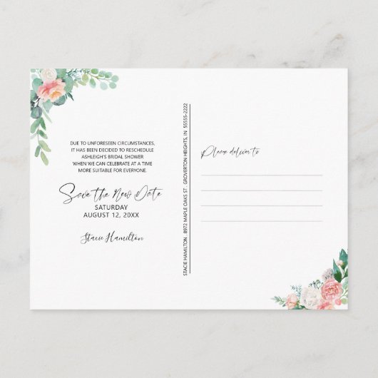 ブライダルシャワーの再計画されたピンクフローラ日付変更 案内ポストカード (裏面)