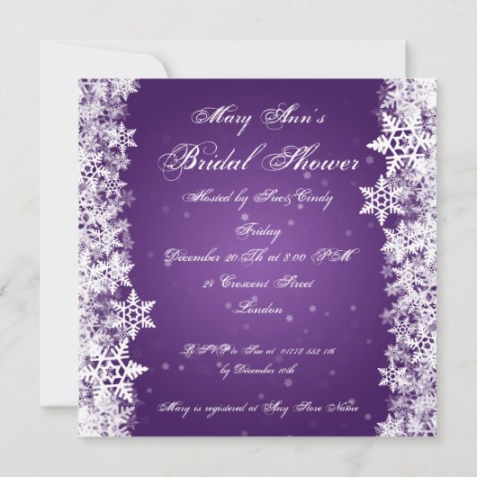 ブライダルシャワーの冬の雪エレガント片紫 招待状 (裏面)