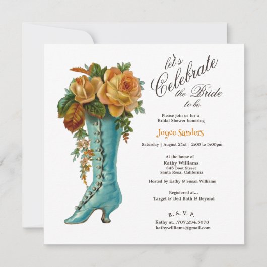 ブライダルシャワーの女性のヴィンテージブートとバラ 招待状 (正面)