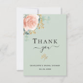 ブライダルシャワーの感謝カード　セージグリーン 花束 ローズゴールド ピンク サンキューカード (正面)