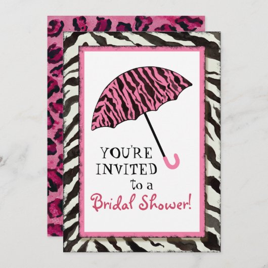 ブライダルシャワーの招待のシマウマ、ヒョウ「nの傘 招待状 (正面/裏面)
