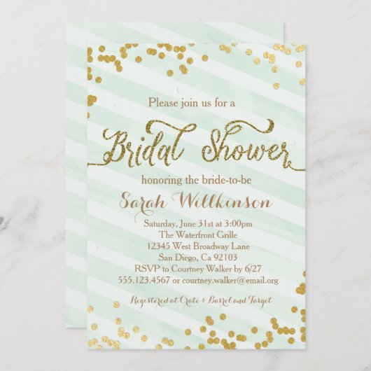 ブライダルシャワーの招待を結婚する真新しい緑及び金ゴールド 招待状 (正面/裏面)