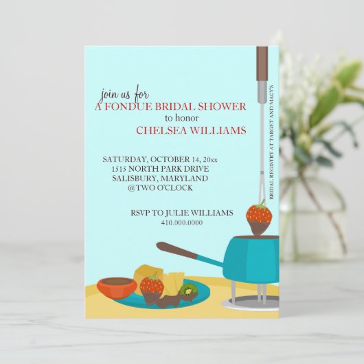 ブライダルシャワーの招待状またはフォンデュパーティー 招待状 (スタンド正面)