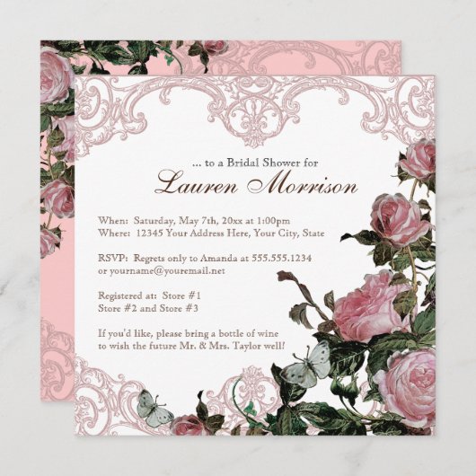 ブライダルシャワーの招待状-格子垣のばら色のヴィンテージ 招待状 (正面/裏面)