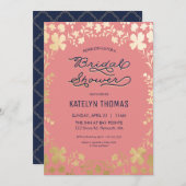 ブライダルシャワーの招待状、海軍、珊瑚、金ゴールドの花柄 招待状 (正面/裏面)