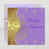 ブライダルシャワーの招待状--金ゴールドの渦巻及びラベンダー 招待状 (正面/裏面)