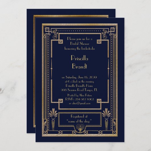 ブライダルシャワーの招待、すばらしいGatsbyの金属海軍 招待状 (正面/裏面)