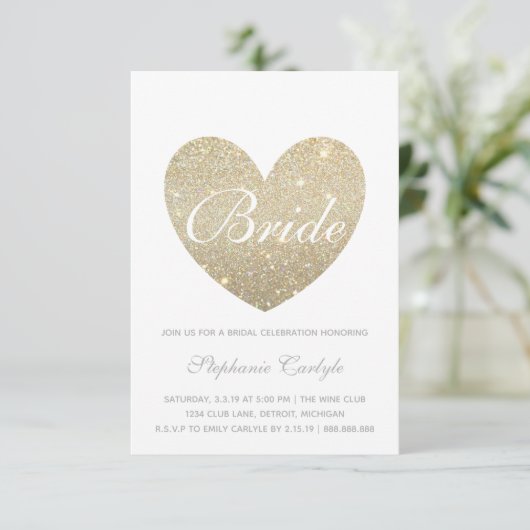 ブライダルシャワーの招待|の金ゴールドのハートのすてきな花嫁の原稿 招待状 (スタンド正面)