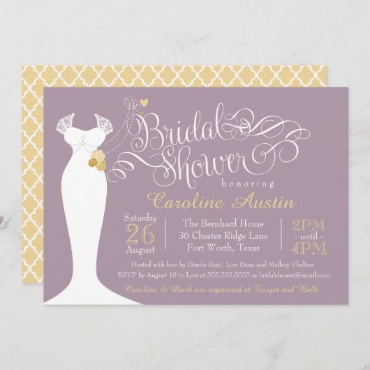 ブライダルシャワーの招待、エレガントなウエディングガウン 招待状 (正面/裏面)