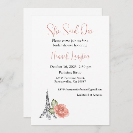 ブライダルシャワーの招待、彼女はウィYesと述べた 招待状 (正面/裏面)