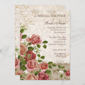 ブライダルシャワーの招待-格子垣のばら色のヴィンテージカード 招待状 (正面/裏面)