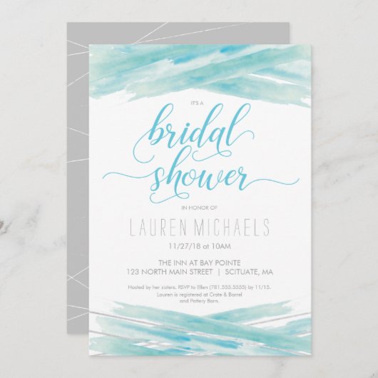 ブライダルシャワーの招待、水彩、青、銀 招待状 (正面/裏面)