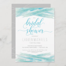 ブライダルシャワーの招待、水彩、青、銀