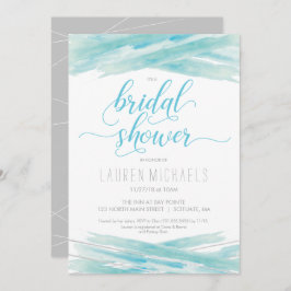 ブライダルシャワーの招待、水彩、青、銀 招待状