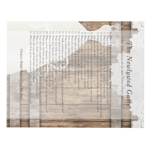 ブライダルシャワーの新しいゲーム – 素朴木とレース ノートパッド (正面)