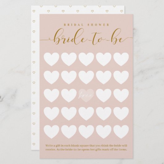 ブライダルシャワーの新郎新婦のピンクのハートグリッドビンゴ (正面/裏面)