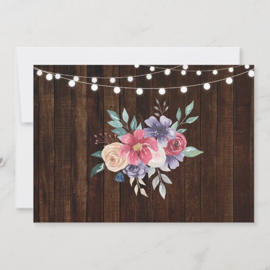 ブライダルシャワーの旅のピンクの花の素朴灯り 招待状 (裏面)