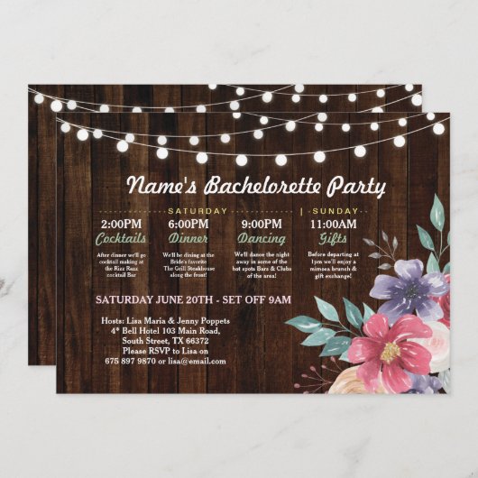 ブライダルシャワーの旅のピンクの花の素朴灯り 招待状 (正面/裏面)